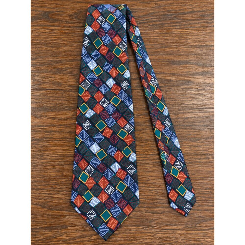 Brioni Multicolored Geometric Black Blue Green Orange Pattern Men's Silk Tie